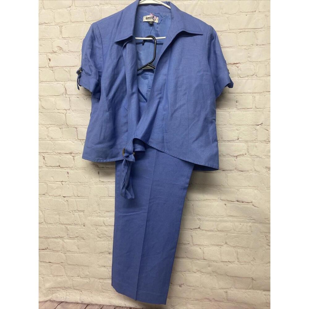 Kasper Petite Pant Suit 2pc Country Blue 12P Linen Cobalt